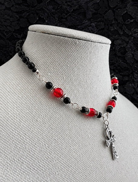 Red, Black Silver Witchy Ankh Necklace