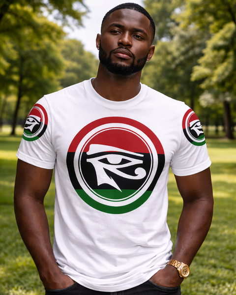 Man wearing a white t-shirt with a EYE OF HORUS NUBIAN LUXURIES BRAND logo outdoors