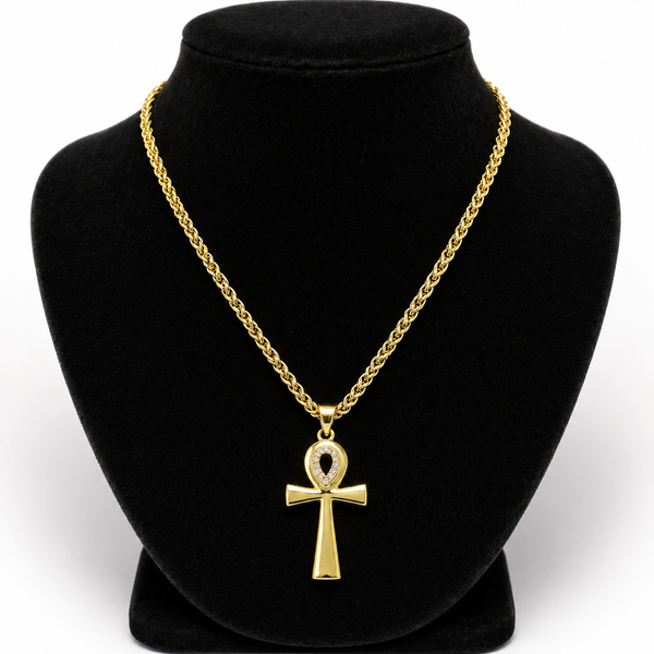 18k Ankh Necklace w/2MM Rope Chain