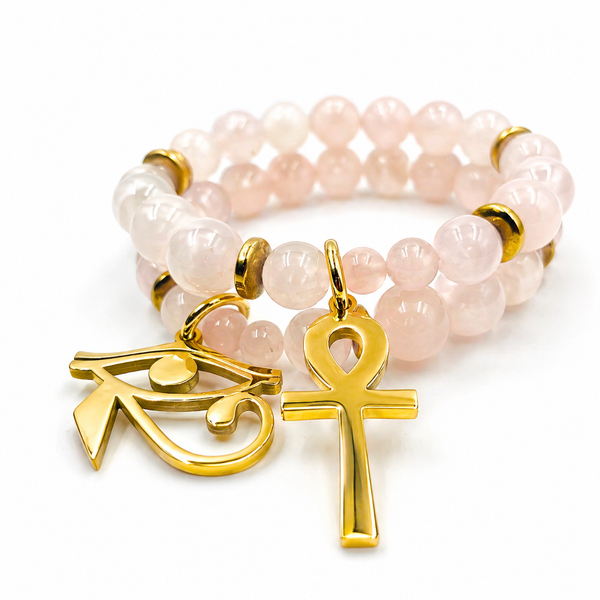Nubian 2pc Bracelet Set (18k Gold/Rose Quartz)