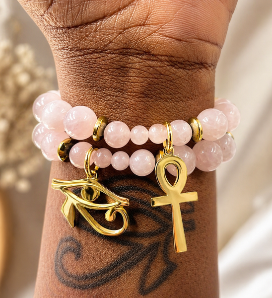 Nubian 2pc Bracelet Set (18k Gold/Rose Quartz)