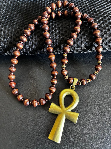 Large Bronze and Brown Wood Ankh Necklace,