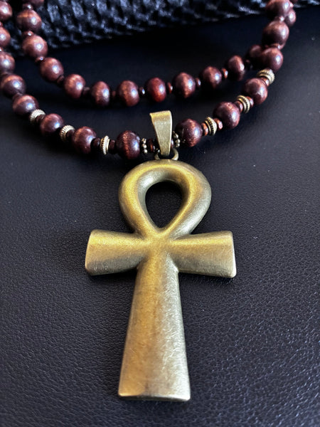 Large Bronze and Brown Wood Ankh Necklace,
