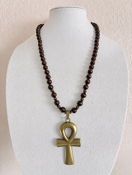Large Bronze and Brown Wood Ankh Necklace,