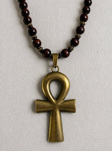 Large Bronze and Brown Wood Ankh Necklace,