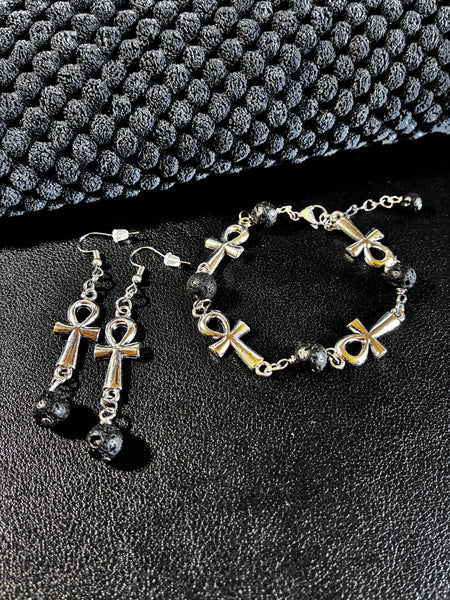Silver and Black Earring and Bracelet Set (Lava Stone)
