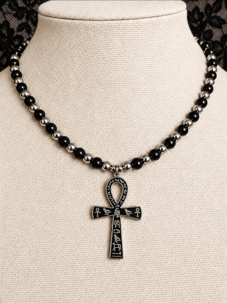 Gothic Black Onyx and Stainless-Steel Beaded Ankh Necklace (Ankhlace™️)