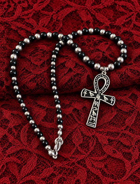 Gothic Black Onyx and Stainless-Steel Beaded Ankh Necklace (Ankhlace™️)