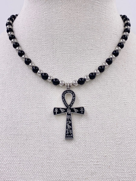 Gothic Black Onyx and Stainless-Steel Beaded Ankh Necklace (Ankhlace™️)