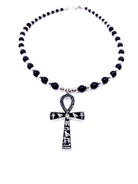 Gothic Black Onyx and Stainless-Steel Beaded Ankh Necklace (Ankhlace™️)