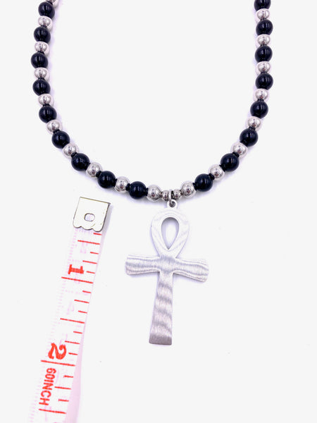 Gothic Black Onyx and Stainless-Steel Beaded Ankh Necklace (Ankhlace™️)
