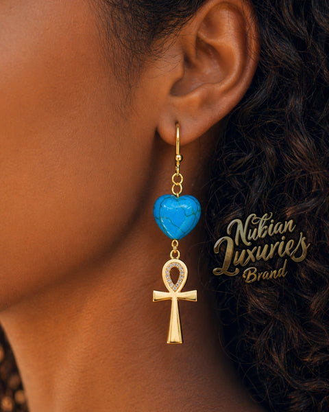 Turquoise Hearts 18k Gold Ankh Earrings