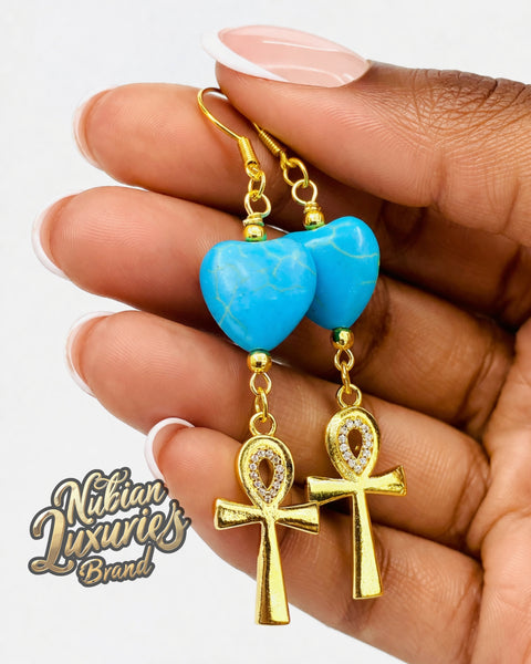 Turquoise Hearts 18k Gold Ankh Earrings