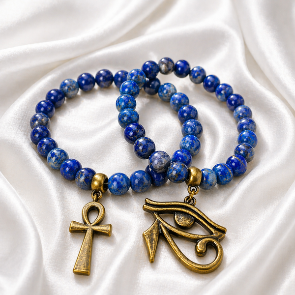 Lapis Lazuli w/Bronze Ankh & Eye of Horus 2PC Bracelet Set
