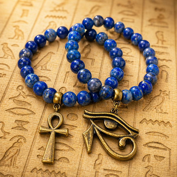 Lapis Lazuli w/Bronze Ankh & Eye of Horus 2PC Bracelet Set