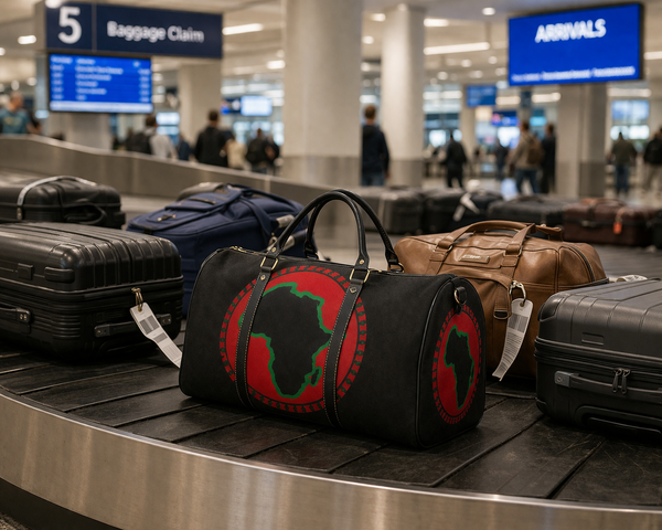 Baggage claim area with suitcases on a conveyor belt, including a black duffel bag with red and green design.