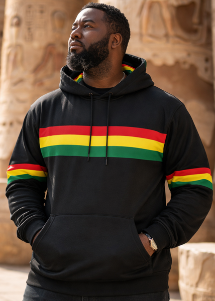 Pan African black hoodie with red, yellow, and green stripes.