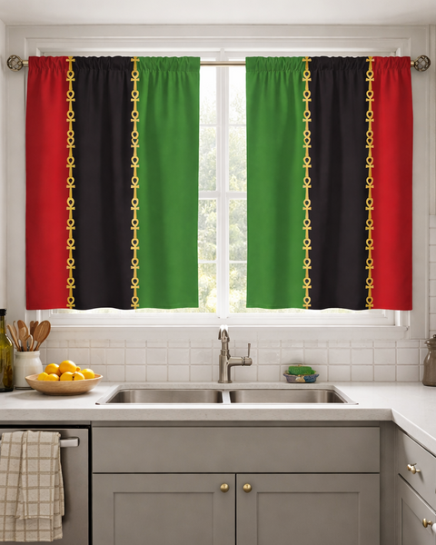 Kitchen with Rastafarian flag curtains, white appliances, and a plant.