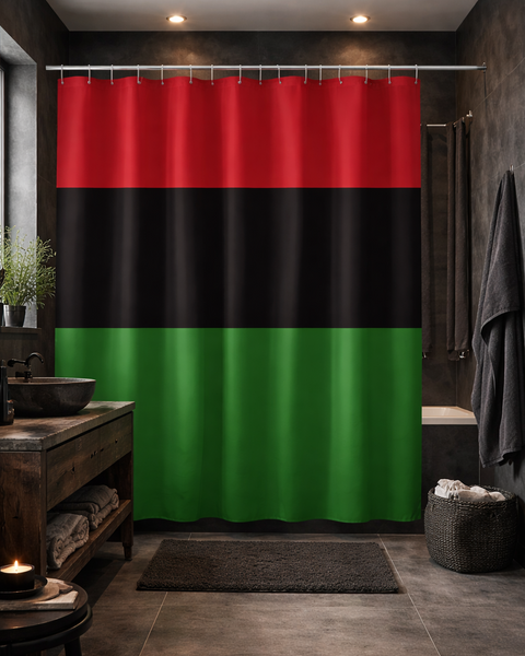 Bathroom with a red, black, and green striped shower curtain.