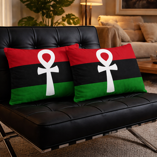 Two pillows with a ANKHsymbol on a black leather couch in a living room.