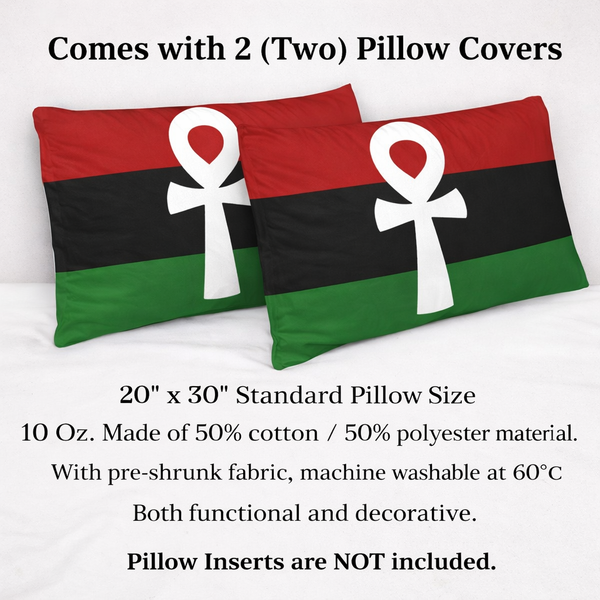 Two pillow covers with a flag design and an ankh symbol on a white background.