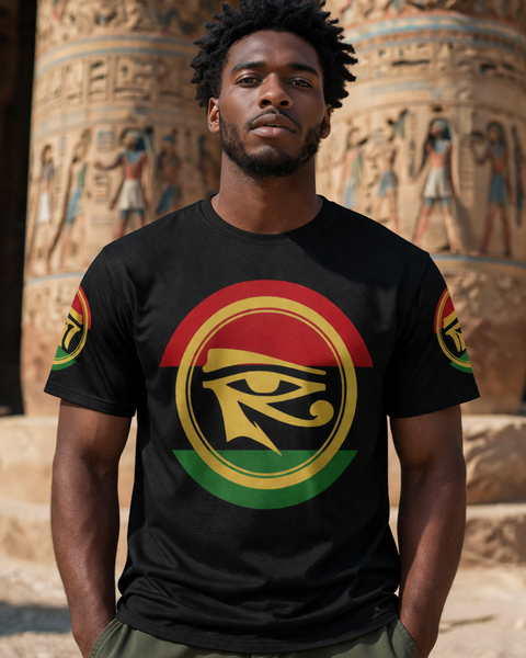 Man wearing a black t-shirt with a symbol design in front of an ancient Egyptian temple.