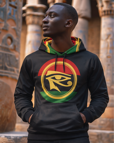 Person wearing a black hoodie with a colorful symbol in front of an ancient temple.