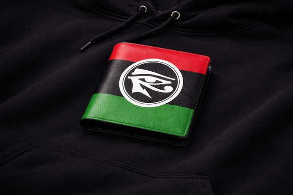 Black, red, and green wallet with a logo on a black background