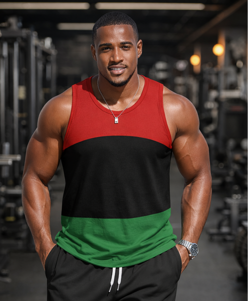 Man wearing a red, black, and green tank top in a gym setting. NUBIAN LUXURIES BRAND