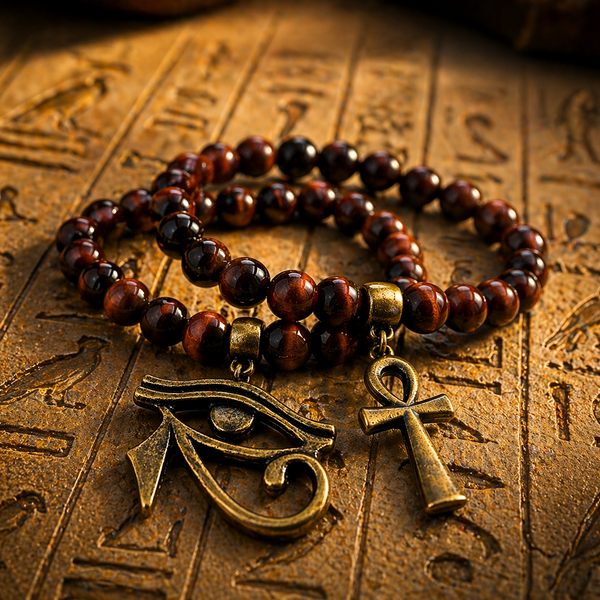 Red Tiger Eye w/Bronze Ankh & Eye of Horus 2PC Bracelet Set