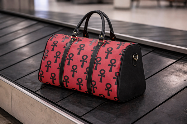Red duffel bag with black ANKH patterns on a luggage carousel