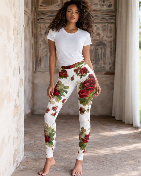 Woman wearing floral leggings and a white t-shirt in an indoor setting.