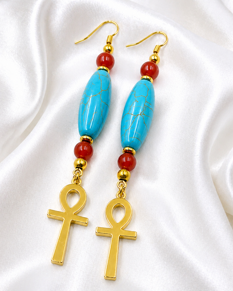 Turquoise & Carnelian Ankh Earrings