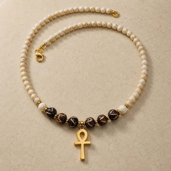 Ox Bone and Cream Howlite Ankh Necklace