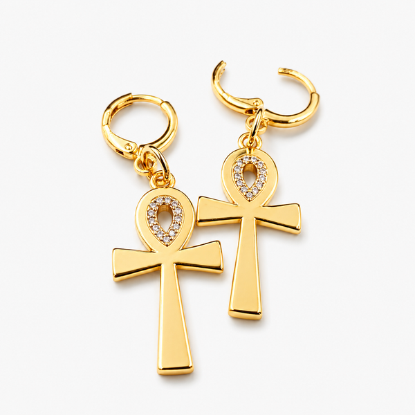 18K Gold Ankh Earrings (Rhinestone)