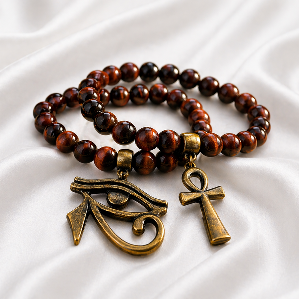 Red Tiger Eye w/Bronze Ankh & Eye of Horus 2PC Bracelet Set