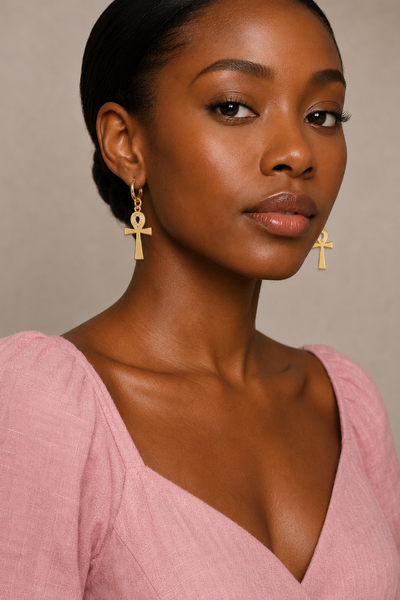 18K Gold Ankh Earrings (Rhinestone)