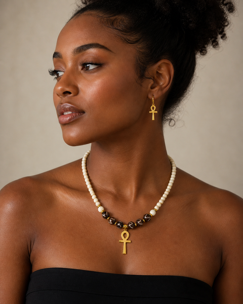 Ox Bone and Cream Howlite Ankh Necklace