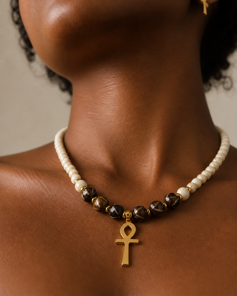Ox Bone and Cream Howlite Ankh Necklace