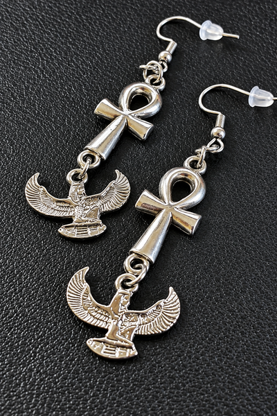 Silver Ankh and Winged Goddess Auset/Isis Earrings