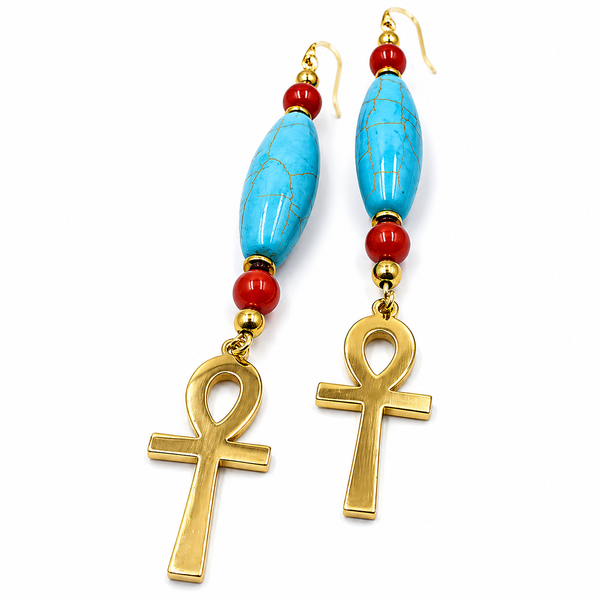 Turquoise & Carnelian Ankh Earrings