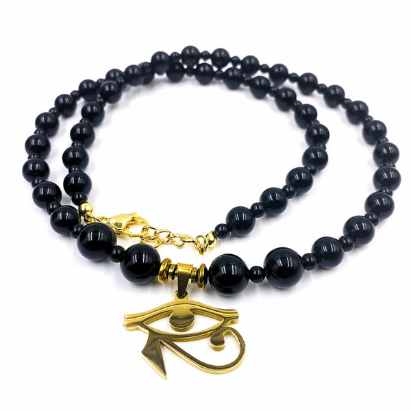 Onyx Necklace w/ 18k Eye of Heru or Ankh