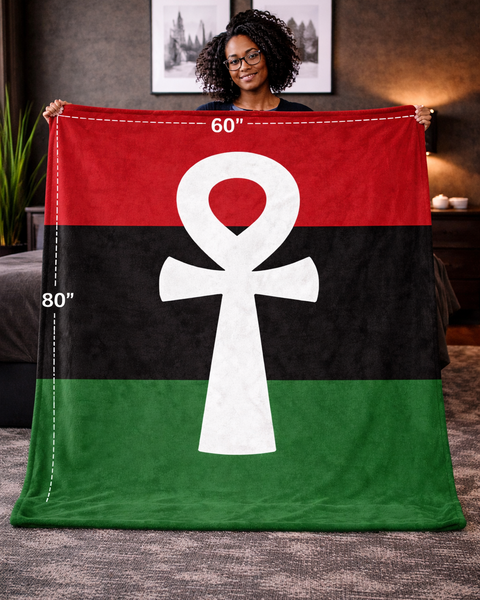 Person holding a flag with a white symbol on a red, black, and green background