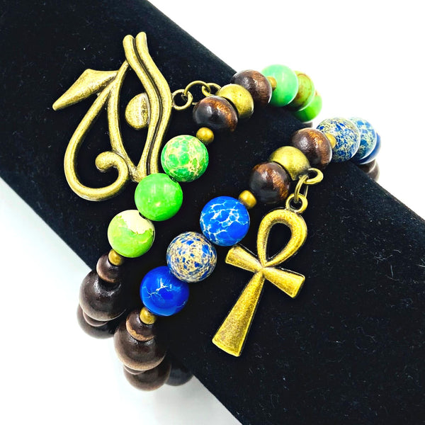 Ebony Wood & Jasper 2pc Bracelet Set (Green/Blue)