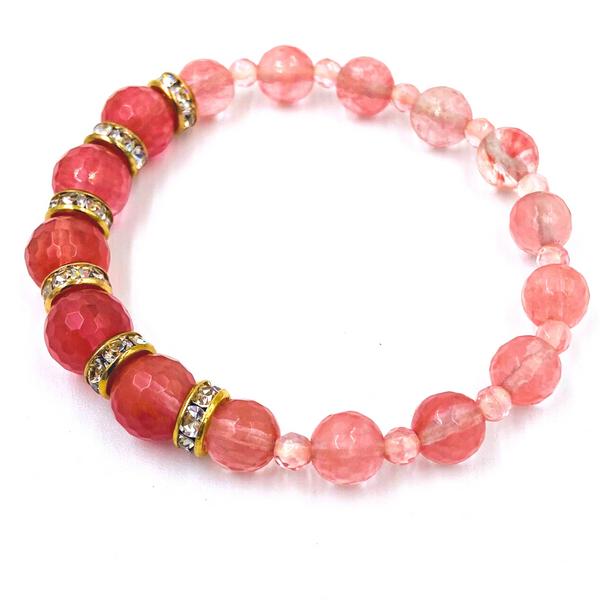 Cherry Quartz  w/Gold Rhinestone Bracelet
