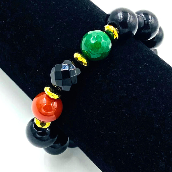 Red, Black and Green w/Black Wood Necklace & Bracelet Set (Gold Or Silver)