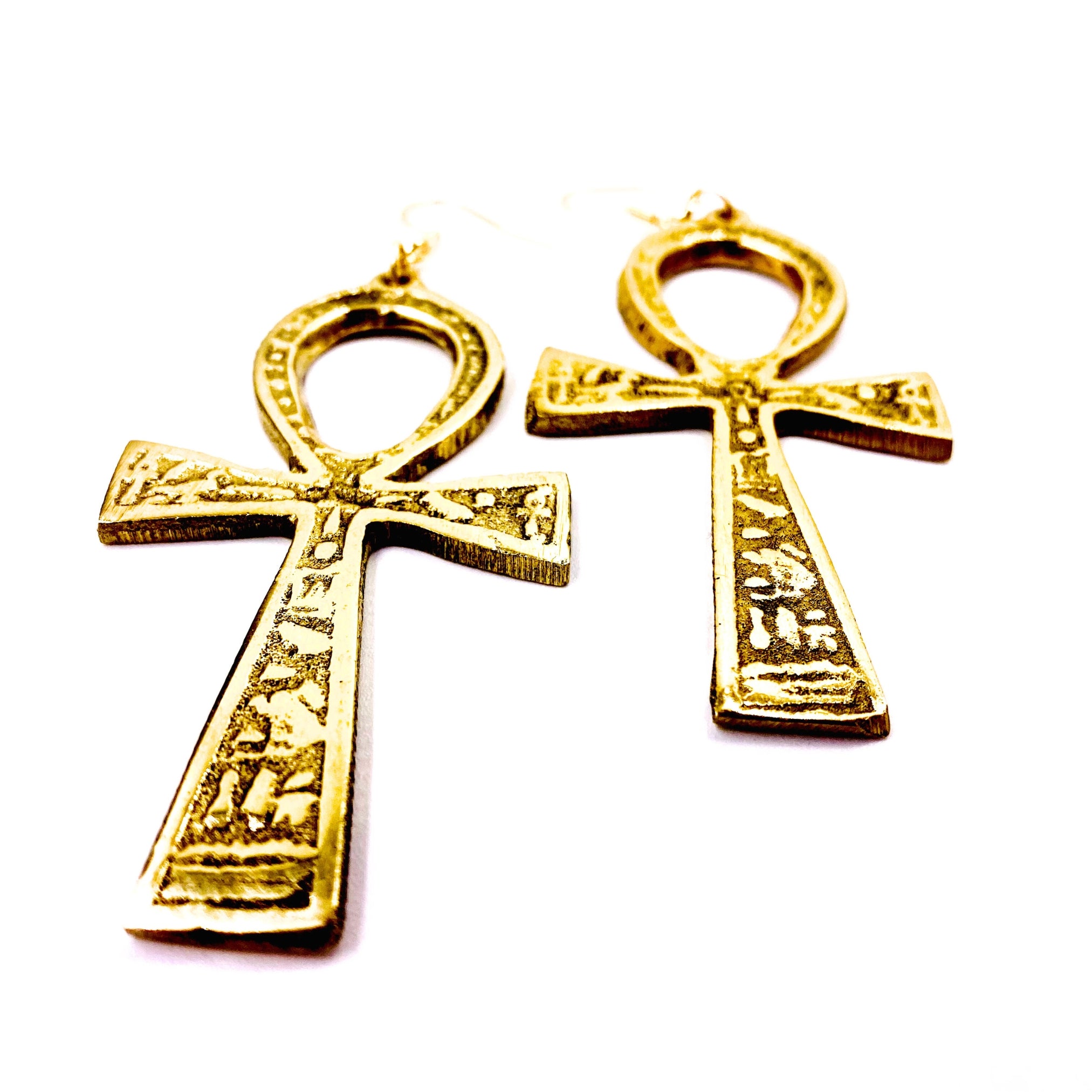 3" Brass Ankh Earrings w/18k Gold Hooks
