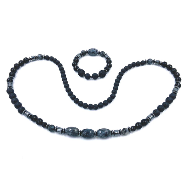 Grey Snake Agate and Faceted Onyx Necklace Set