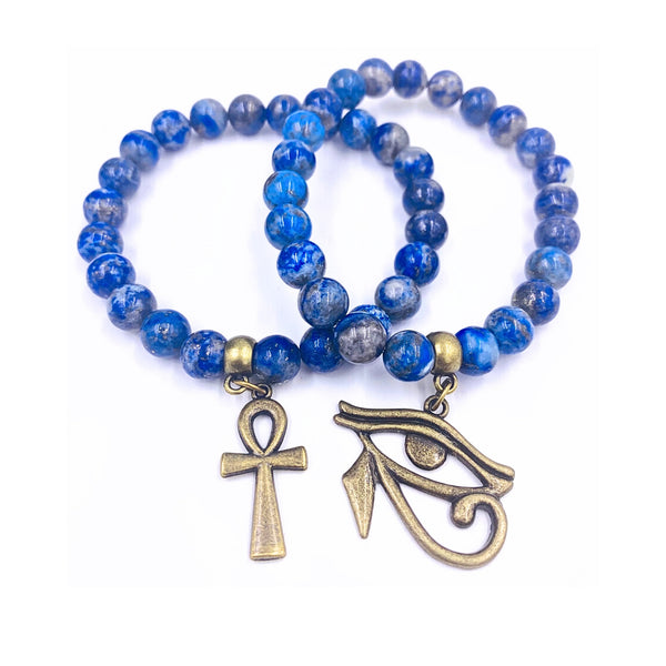 Lapis Lazuli w/Bronze Ankh & Eye of Horus 2PC Bracelet Set