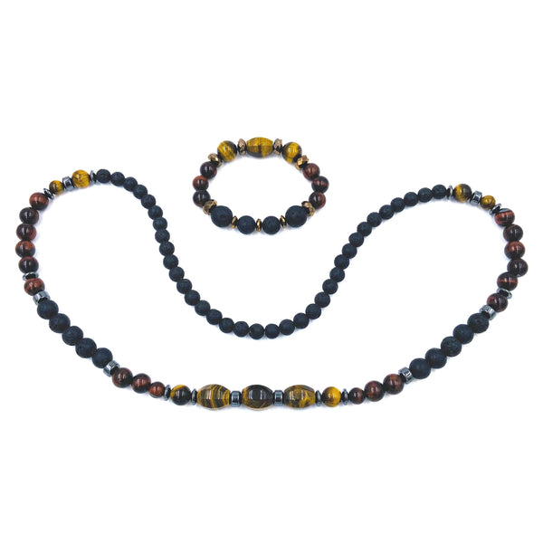 Tiger’s Eye and Lava Stone Necklace and Bracelet Set